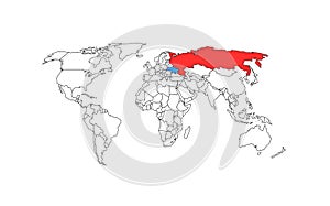 Contour vector detail world map. Isoted Ukraine and russia confrontation. Concept of country resitance