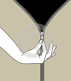 Contour of woman`s hand unzipped with pinch fingers the slide fa