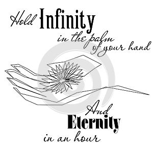 Contoured hand with a flower, text `hold infinity in the palm of your hand and eternity in an hour` by William Blake