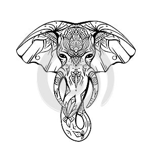 Contoured native elephant head with trunk, tusks and boho ornaments. Ganesha head with decoration. Vector silhouette