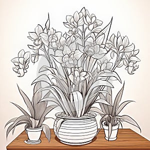 Contoured Shading Orchid Flower In Vase Illustration For Flower Garden