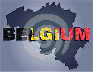 The contours of territory of Belgium and Belgium word in the colors of the national flag