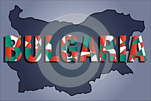 The contours of territory of Bulgaria and Bulgaria word in colors of the national flag