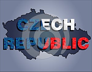 The contours of territory of Czech republic and Czech republic word in the colors of the national flag