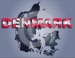 The contours of territory of Denmark and Denmark word in colors of the national flag