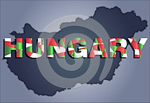 The contours of territory of Hungary and Hungary word in colors of the national flag