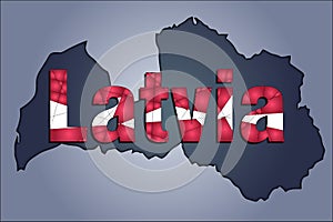 The contours of territory of Latvia and Latvia word in colors of the national flag