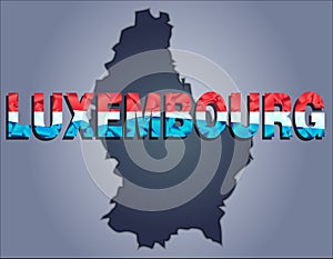 The contours of territory of Luxembourg and Luxembourg word in the colors of the national flag