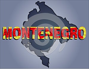 The contours of territory of Montenegro and Montenegro word in the colors of the national flag