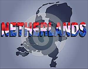 The contours of territory of Netherlands and Netherlands word in the colors of the national flag