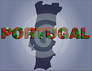 The contours of territory of Portugal and Portugal word in the colors of the national flag