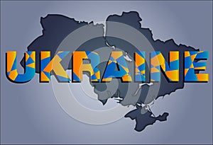 The contours of territory of Ukraine and Ukraine word in colors of the national flag