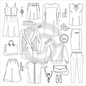 Contours of women\'s clothing and accessories isolated on a white background