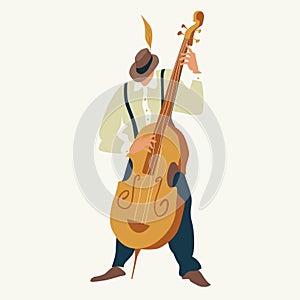 Contrabass player. Jazz or blues musician plays a contrabass. Vector illustration.