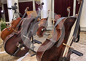 Contrabass on stage in front of an empty hall