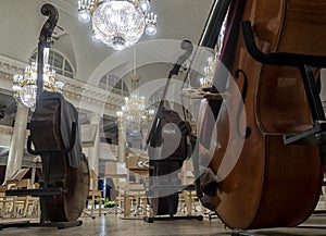 Contrabass on stage in front of an empty hall