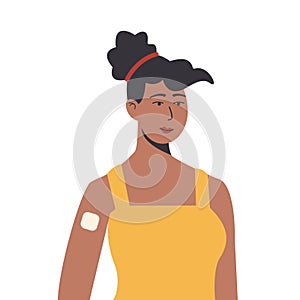 Contraception method. Vector flat female african character with contraceptive patch on her arm. Birth control for women