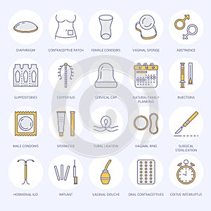 Contraceptive methods line icons. Birth control equipment, condoms, oral contraceptives, iud, barrier contraception