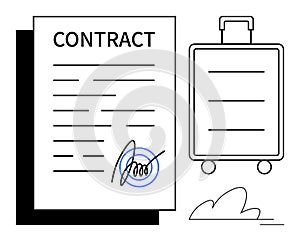 Contract Agreement and Business Travel Concept with Signed Document and Suitcase