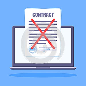 Contract cancellation business concept. Terminated tearing contract paper sheet breach.