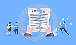 Contract cancellation business concept. Terminated tearing contract paper sheet breach.
