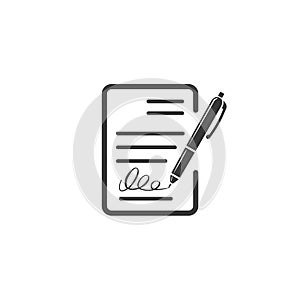 Contract document icon, agreement and signature, pact, accord, convention symbol. Flat vector illustration
