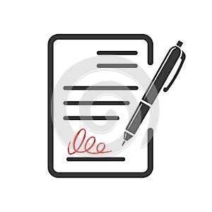 Contract document icon, agreement and signature, pact, accord, convention symbol. Flat vector illustration