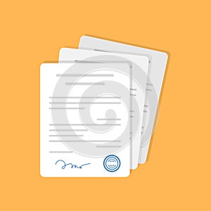 Contract document icon in flat style. Report with signature and approval stamp vector illustration on isolated background. Paper