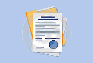 Contract or document signing icon. Document, folder with stamp and text. Contract conditions, research approval