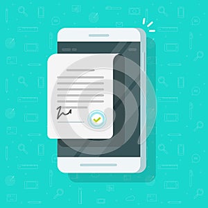 Contract document on smartphone vector illustration, flat cartoon agreement document on mobile phone with signature and