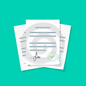 Contract documents pile vector illustration, stack of agreements document with signature and approval stamp