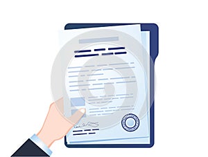 Contract icon agreement pen on desk flat business illustration vector. Electronic contract or digital signature concept