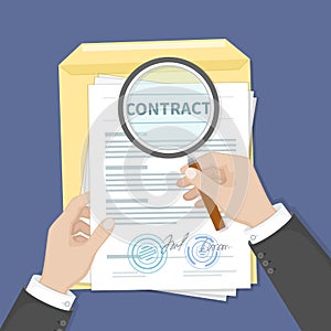 Contract inspection concept. Hands holding magnifying glass over a contract. Contract with signatures and seals. Research document