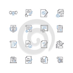 Contract instrument line icons collection. Agreement, Legal, Obligation, Document, Stipulations, Commitment, Pact vector