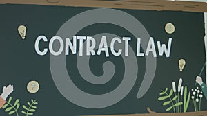 Contract Law inscription on green chalkboard background. Graphic presentation of teacher teaching her student drawing