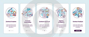 Contract lifecycle steps onboarding mobile app page screen with concepts