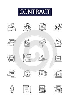 Contract line vector icons and signs. Agreement, Pact, Clause, Accord, Obligation, Compact, Bond, Covenant outline