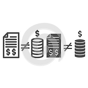 Contract with money and inequality sign line and solid icon, Black bookkeeping concept, Mismatch of money in report sign