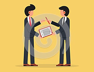 Contract or mortgage form with financial checklist. Businessman passing contract document with pen to his client business man for