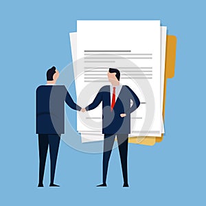 Contract paper document agreement. Business people standing handshake wearing suite formal. Concept business vector