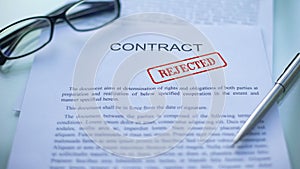 Contract rejected, officials hand stamping seal on business document, office