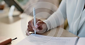 Contract, signature and hands of business woman with document, paperwork and agreement. Sign, deal and legal policy with
