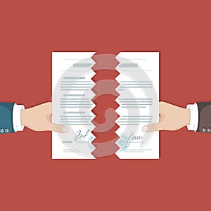 Contract termination concept. Two businessman hands tearing paper document apart. The end of agreement. Vector illustration