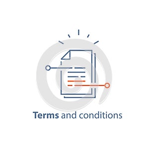 Contract terms and conditions, document paper, writing and storytelling concept, brief summary