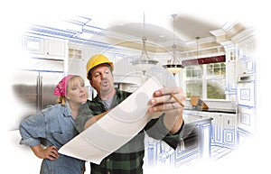 Contractor Discussing Plans with Woman, Kitchen Drawing Photo Be