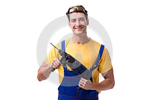 The contractor employee with hand power drill on white background