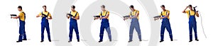 The contractor employee with hand power drill on white background