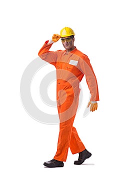 The contractor employee wearing coveralls isolated on white