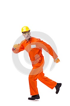 The contractor employee wearing coveralls isolated on white
