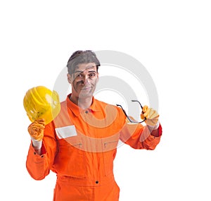 Contractor employee wearing coveralls isolated on white